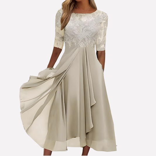 Emilia | Women Evening Midi Dress Lace Detailing Pleated Skirt