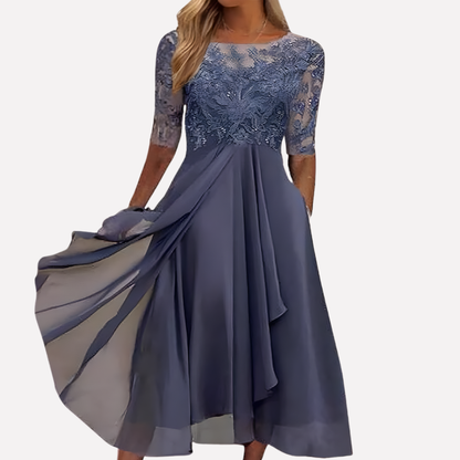 Emilia | Women Evening Midi Dress Lace Detailing Pleated Skirt
