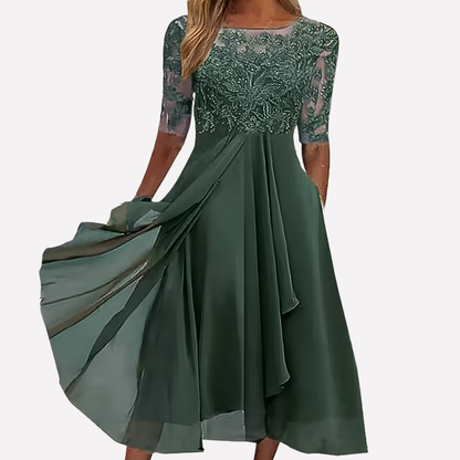 Emilia | Women Evening Midi Dress Lace Detailing Pleated Skirt