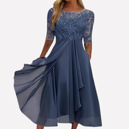 Emilia | Women Evening Midi Dress Lace Detailing Pleated Skirt