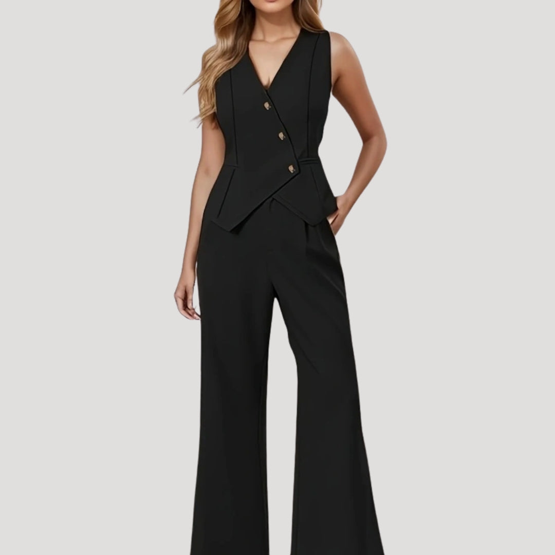 Emma | Women Tailored Waistcoat Trouser Co-Ord Set V Neck Button Front Sleeveless Wide Leg Trousers