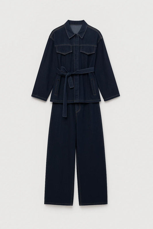 Chrissy - Belted Jacket Wide Leg Denim Set