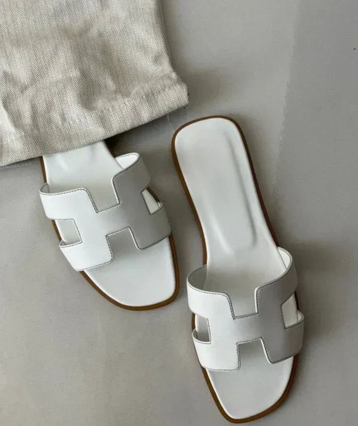 Women’s Leather Sandals Slip On H Strap Design Low Heel Elegant Summer Casual Footwear