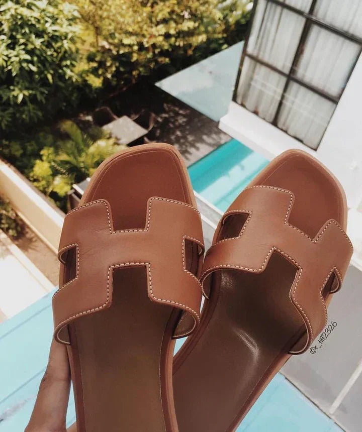 Women’s Leather Sandals Slip On H Strap Design Low Heel Elegant Summer Casual Footwear