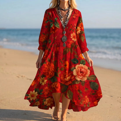 Fione - Floral Summer Dress with V-Neck and Tiered Hem