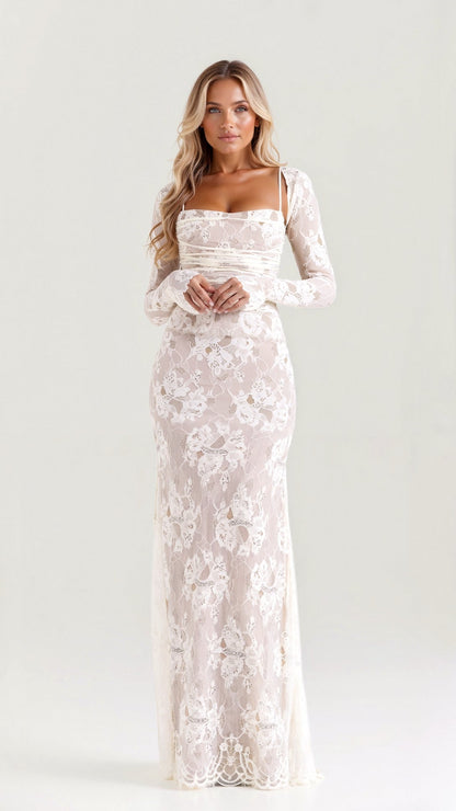 Damen Spitzen Langarmkleid | Maxi
