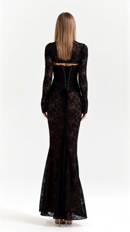 Damen Spitzen Langarmkleid | Maxi