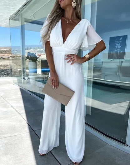 Feestelijke Jumpsuit met Ruchemouwen en Wijde Pijpen – Elegante en Trendy Uitstraling in Hoogwaardig Materiaal 0