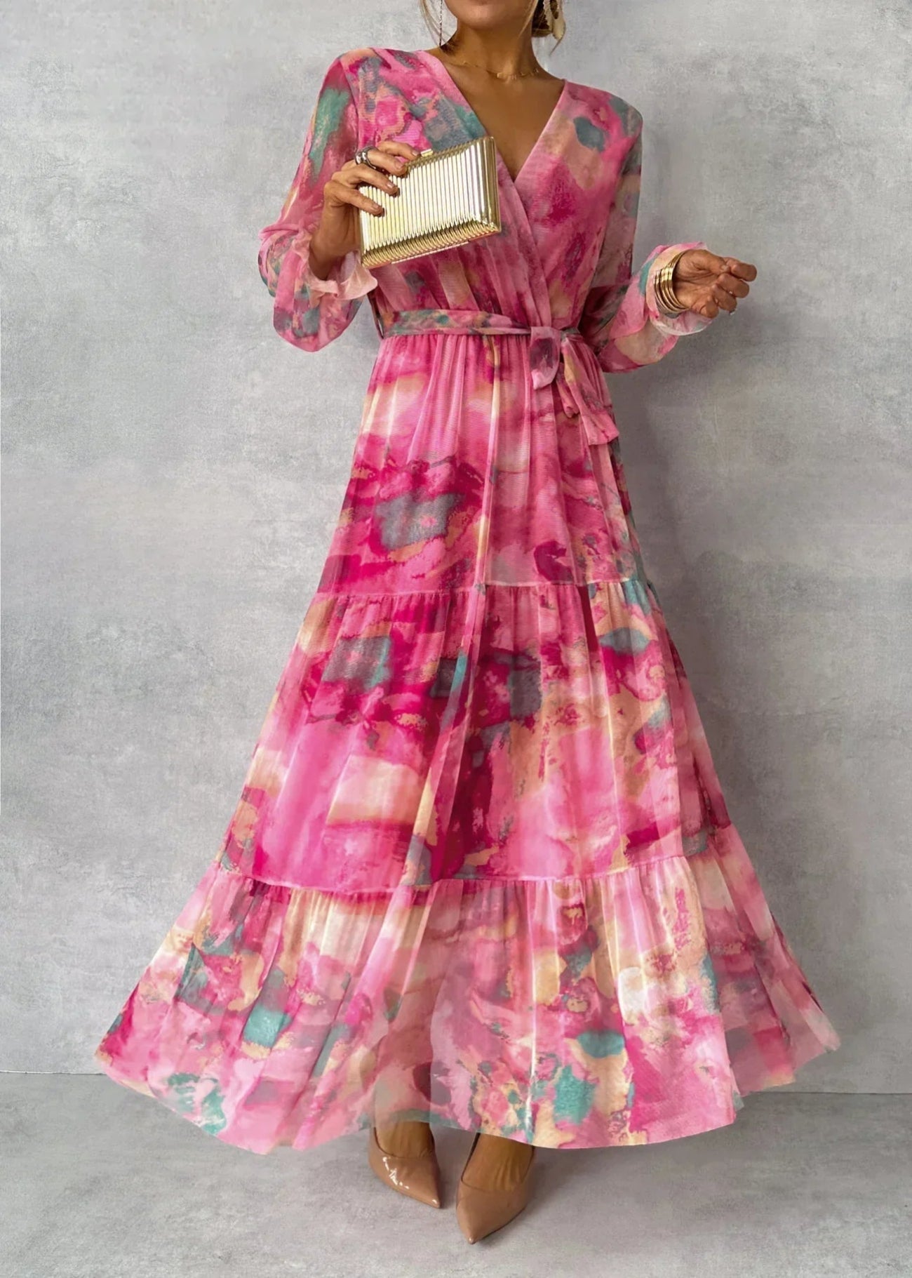 Floral Print Maxi Summer Dress | Long Sleeves | Rose Red1