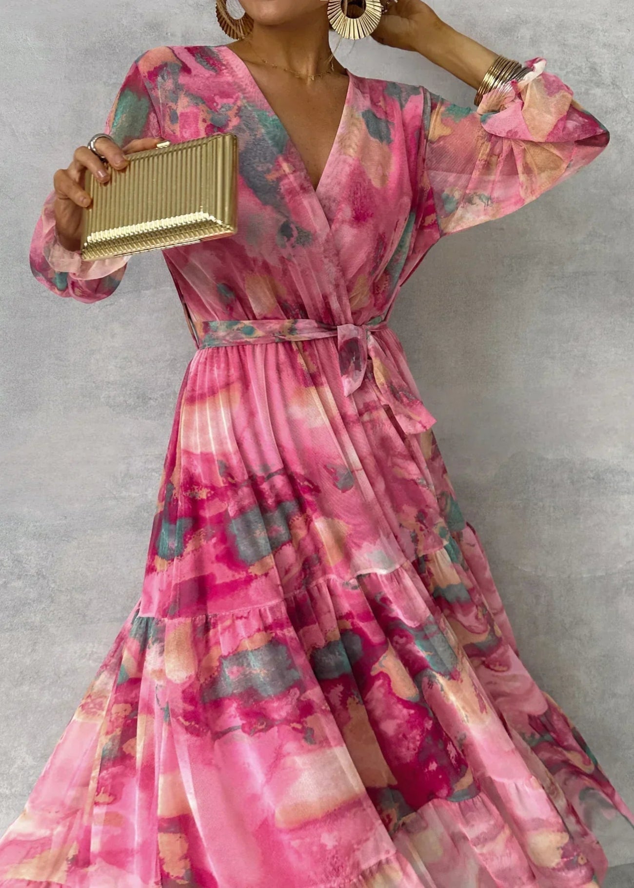 Floral Print Maxi Summer Dress | Long Sleeves | Rose Red3