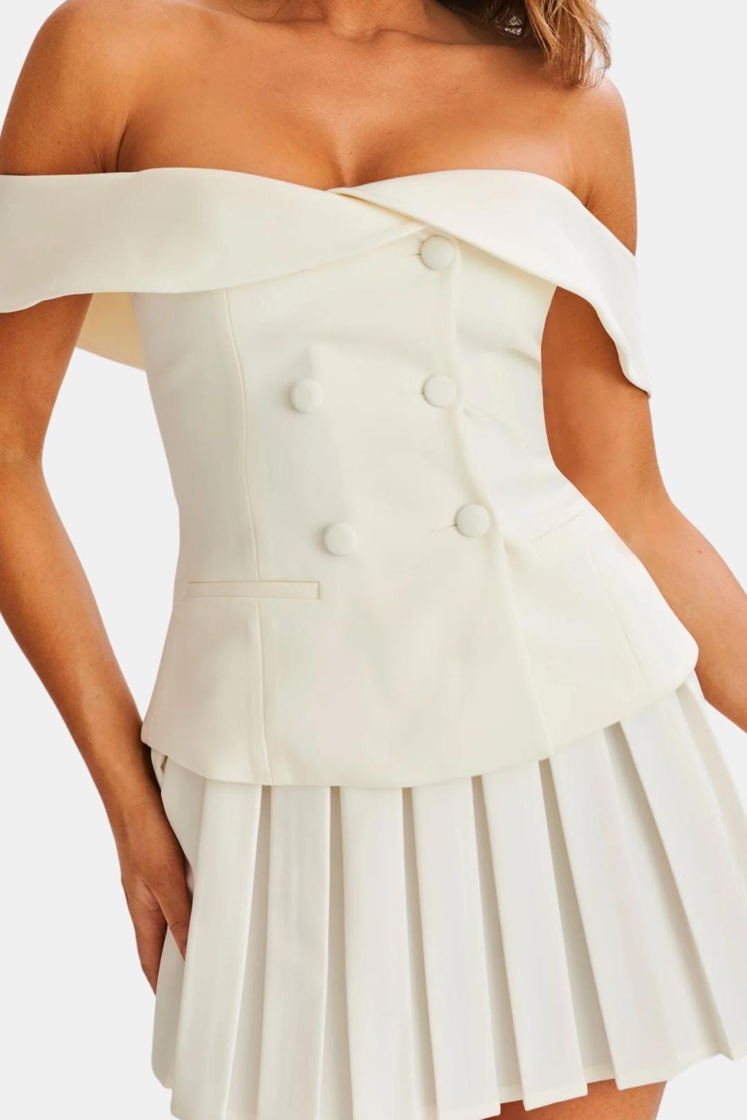 Florise - Off Shoulder Button Detail Mini Dress Set