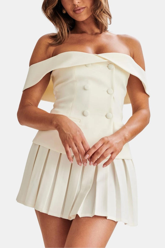 Florise - Off Shoulder Button Detail Mini Dress Set