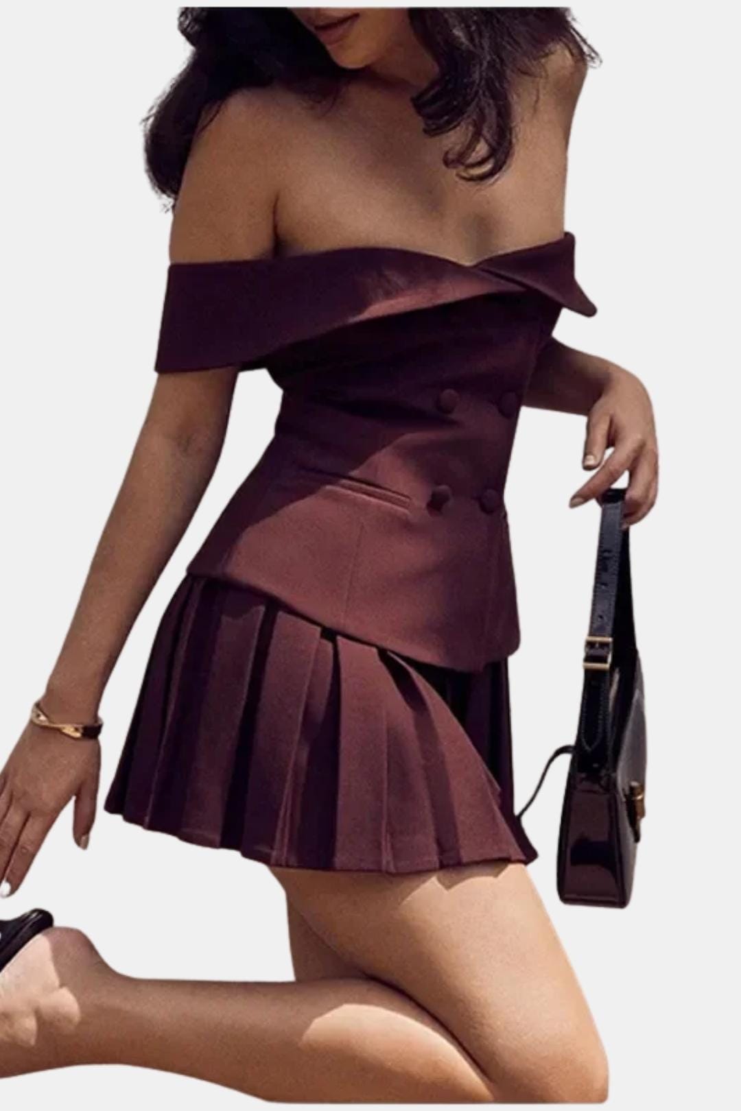 Florise - Off Shoulder Button Detail Mini Dress Set