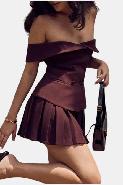 Florise - Off Shoulder Button Detail Mini Dress Set