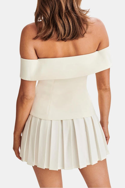 Florise - Off Shoulder Button Detail Mini Dress Set