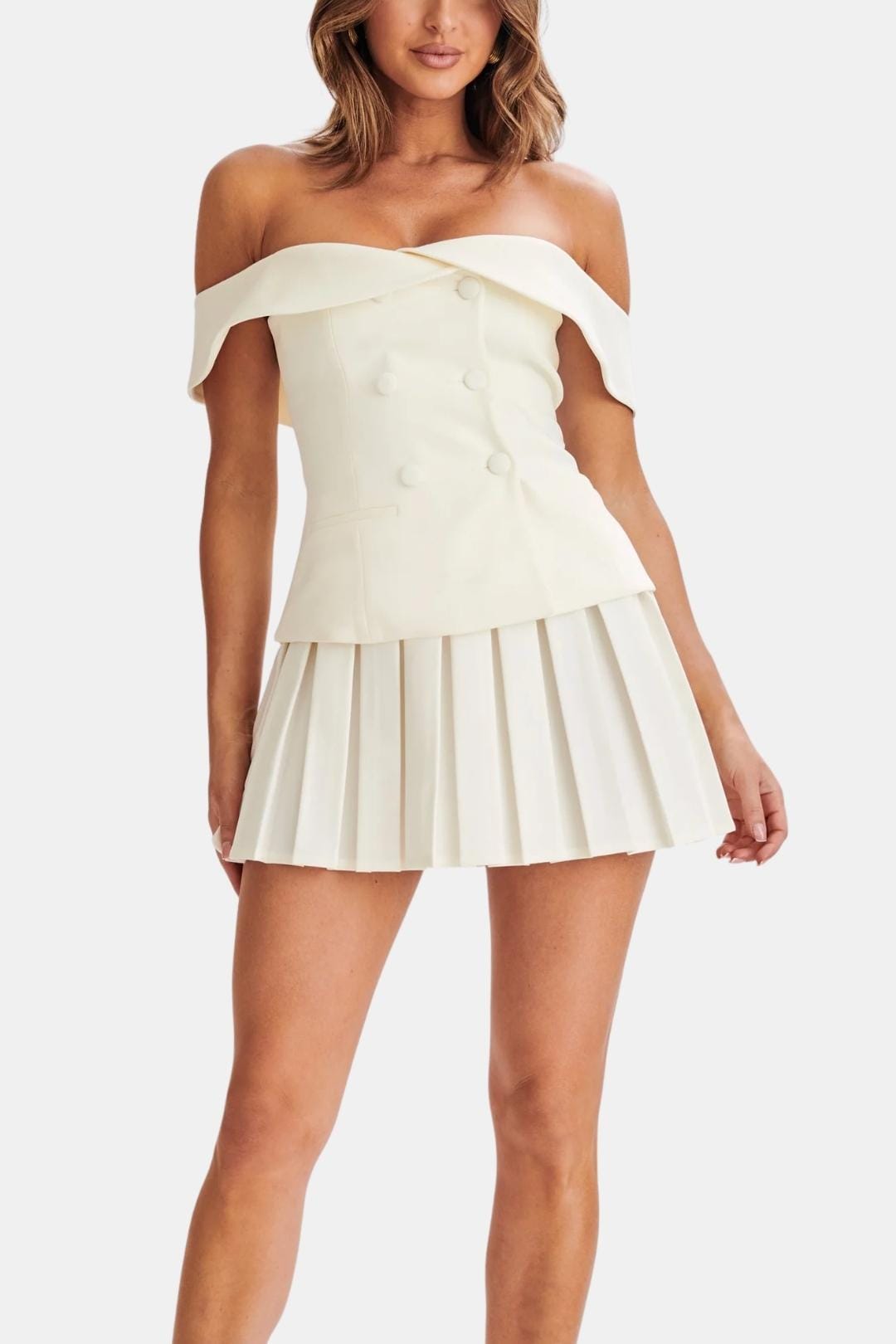Florise - Off Shoulder Button Detail Mini Dress Set