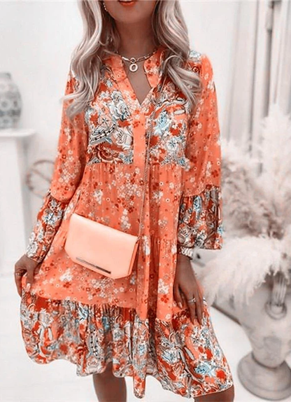 Bloemenprint Midi Jurk Met Lange Mouwen En Knoopsluiting – Amelise