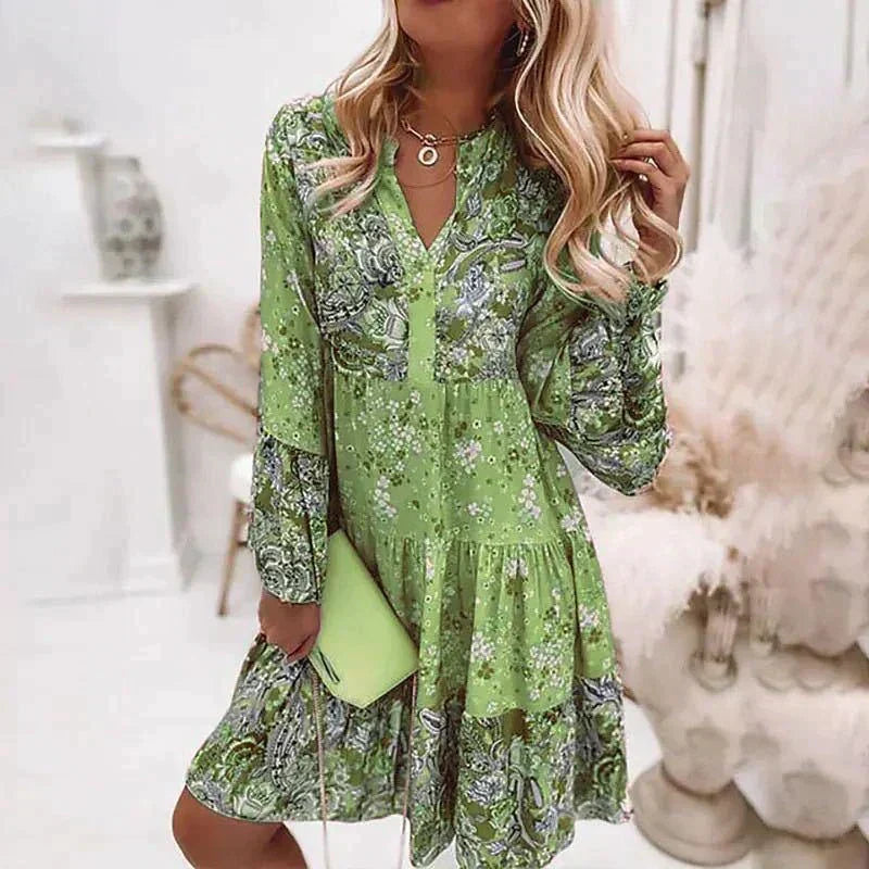 Bloemenprint Midi Jurk Met Lange Mouwen En Knoopsluiting – Amelise