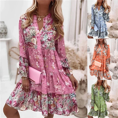 Bloemenprint Midi Jurk Met Lange Mouwen En Knoopsluiting – Amelise