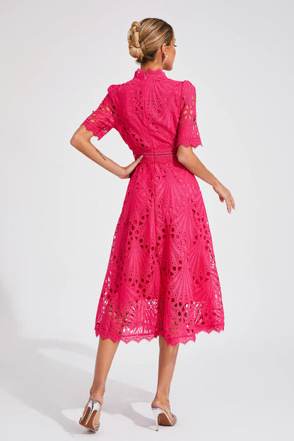 Lace Midi Dress with Scoop Neck and Lightweight Lining, Back Zipper
