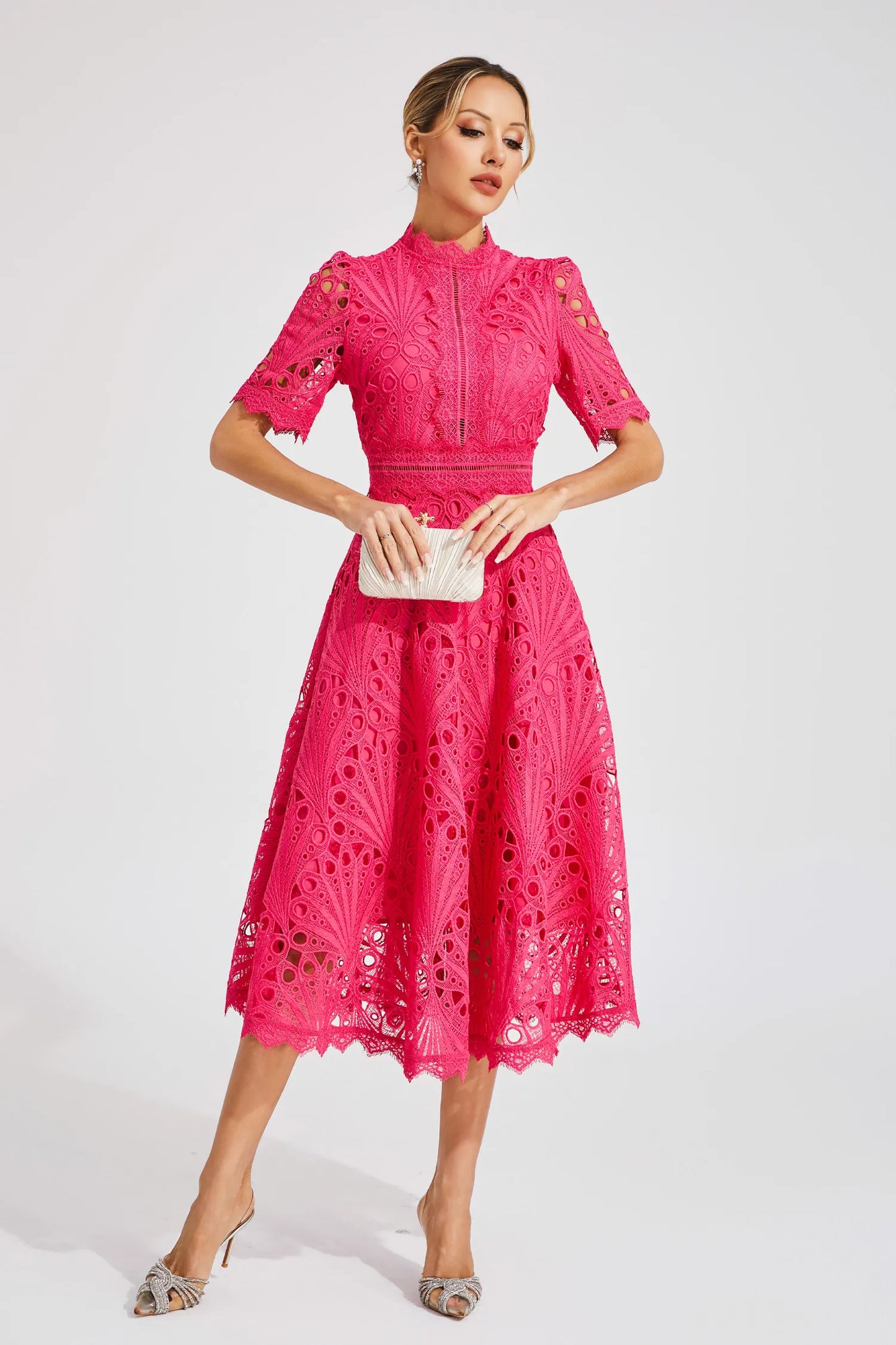 Lace Midi Dress with Scoop Neck and Lightweight Lining, Back Zipper