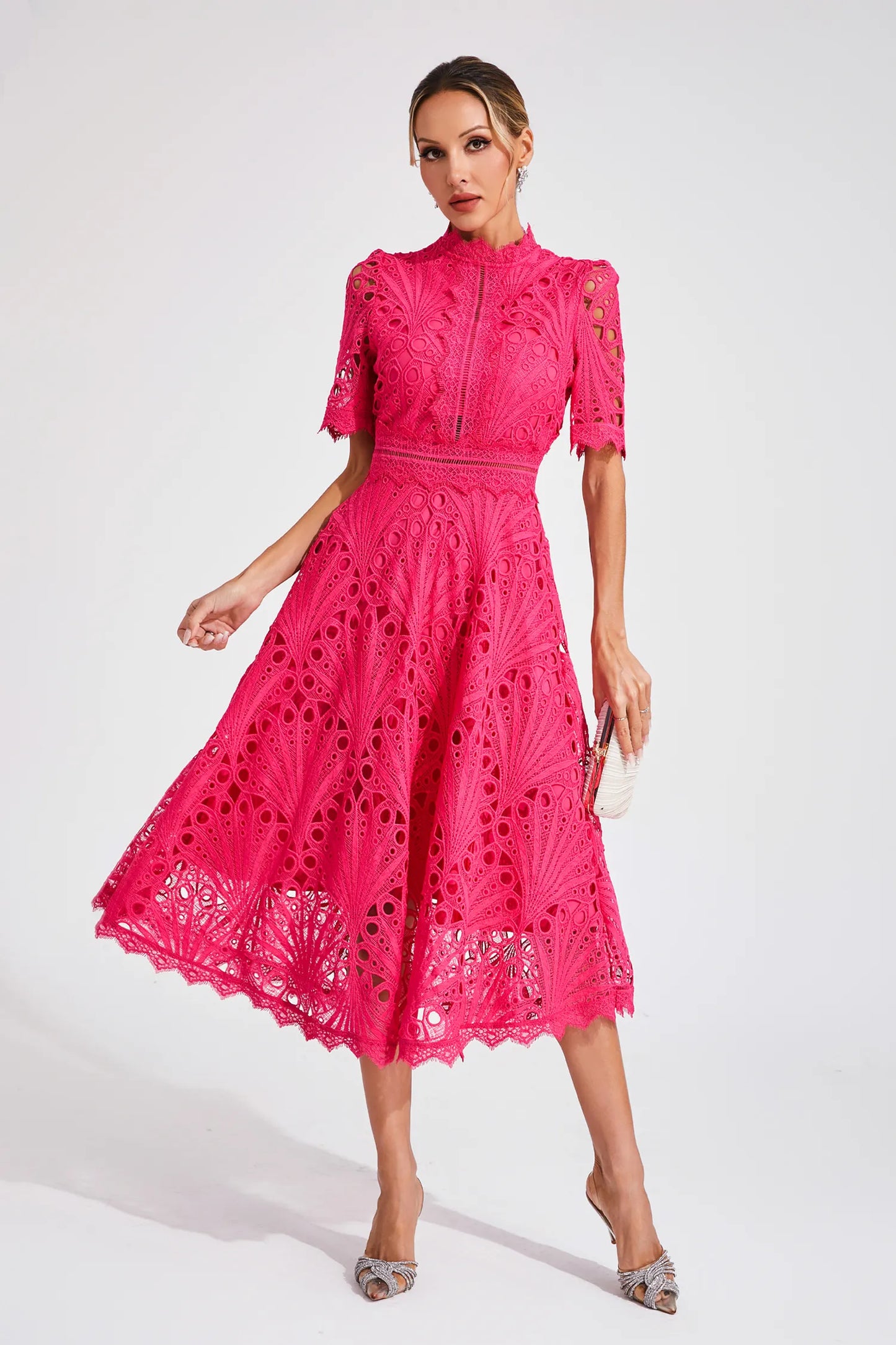 Lace Midi Dress with Scoop Neck and Lightweight Lining, Back Zipper