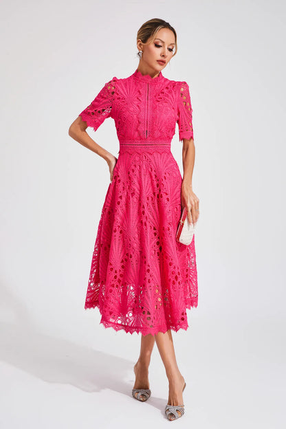 Lace Midi Dress with Scoop Neck and Lightweight Lining, Back Zipper