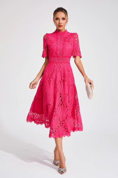 Lace Midi Dress with Scoop Neck and Lightweight Lining, Back Zipper