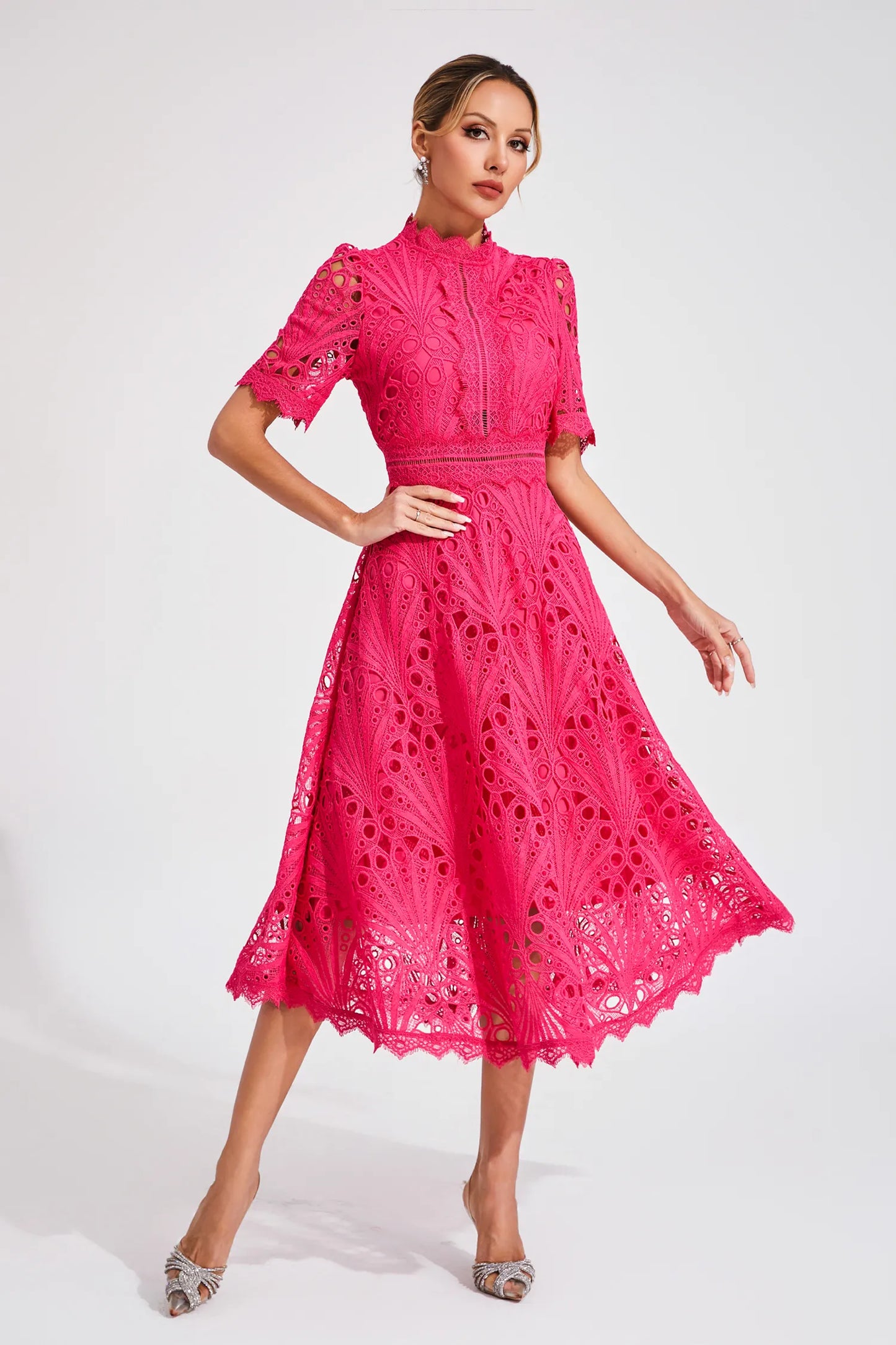 Lace Midi Dress with Scoop Neck and Lightweight Lining, Back Zipper