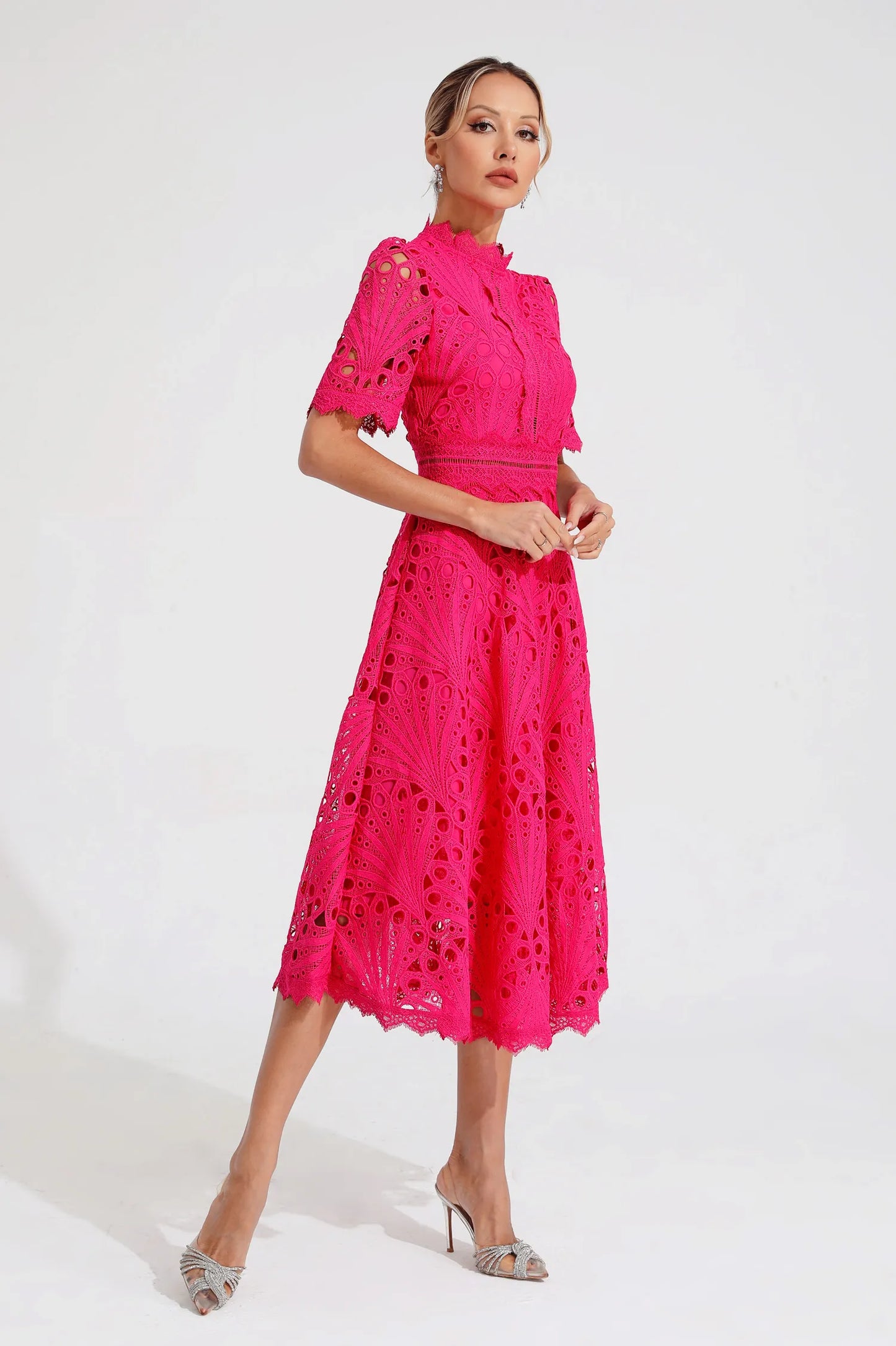 Lace Midi Dress with Scoop Neck and Lightweight Lining, Back Zipper