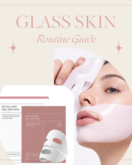 Glass Skin Routine Guide with a person wearing a face mask and a Bio-Collagen Real Deep Mask packaging.