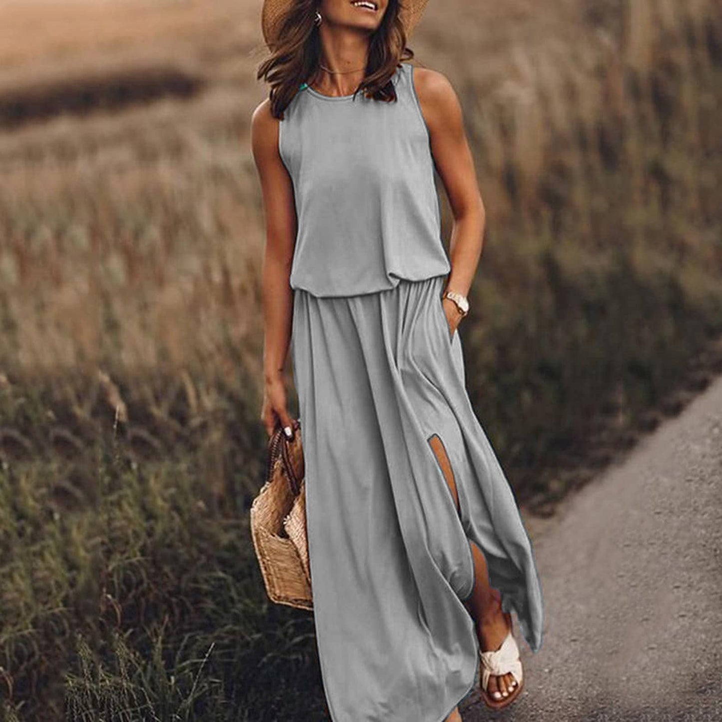 Kariela | Vestido maxi elegante para mujer con abertura lateral | Sin mangas