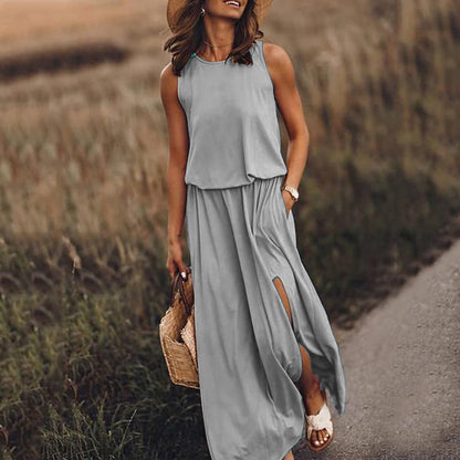 Kariela | Vestido maxi elegante para mujer con abertura lateral | Sin mangas