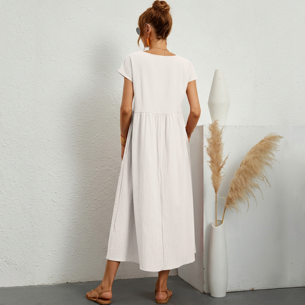 Gabriella – Laza Midi Ruha Ráncos Derékkal és Zsebekkel