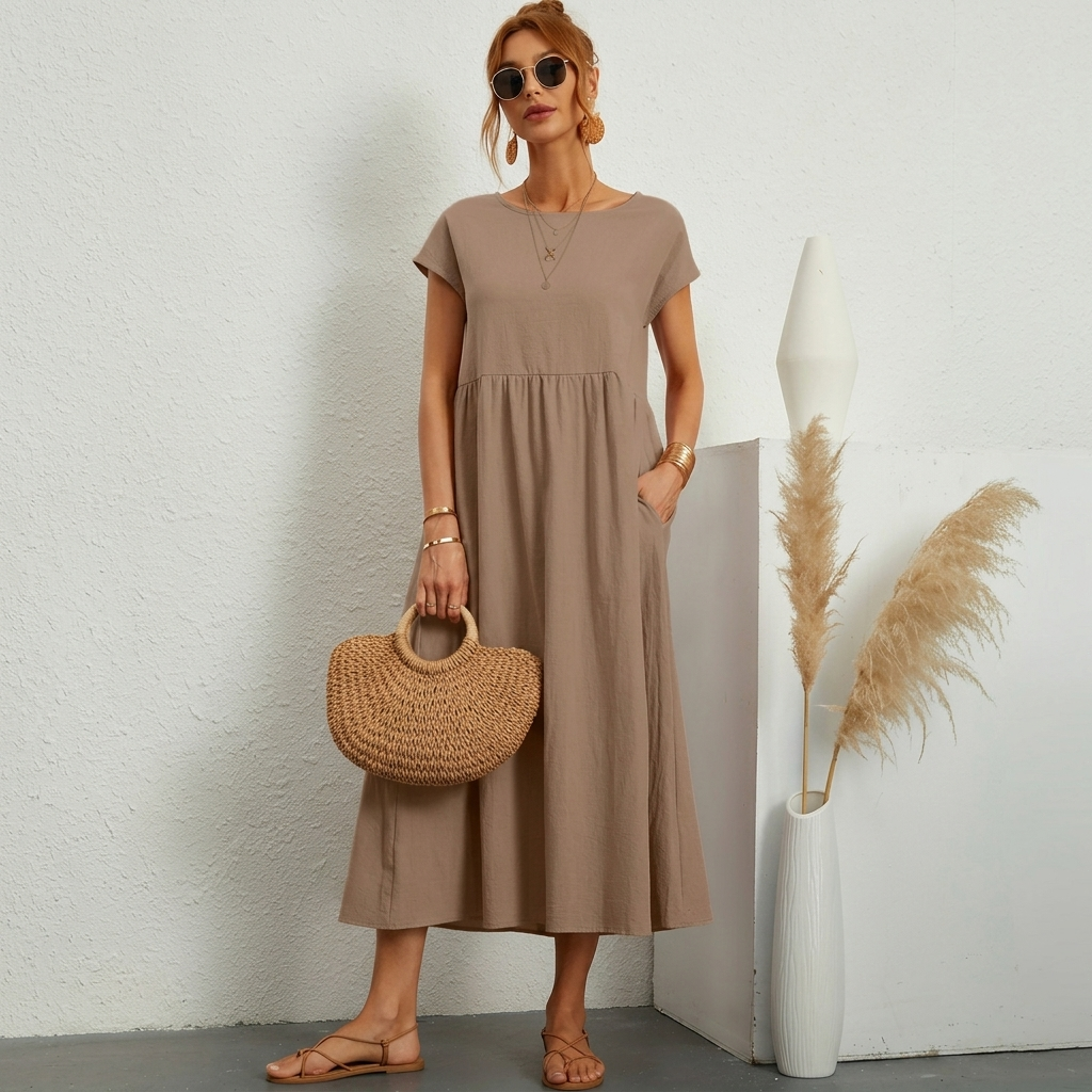 Gabriella – Laza Midi Ruha Ráncos Derékkal és Zsebekkel