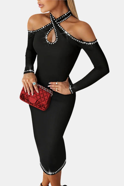 Gelsomina - Rhinestone Halter Cold Shoulder Long Sleeve Bodycon Dress