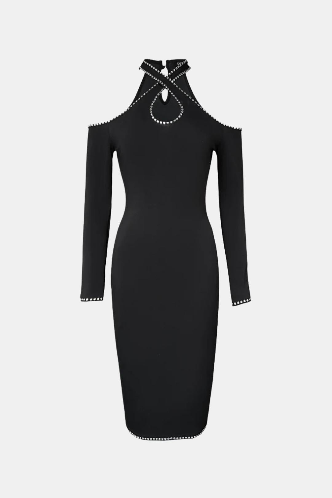 Gelsomina - Rhinestone Halter Cold Shoulder Long Sleeve Bodycon Dress