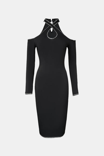 Gelsomina - Rhinestone Halter Cold Shoulder Long Sleeve Bodycon Dress