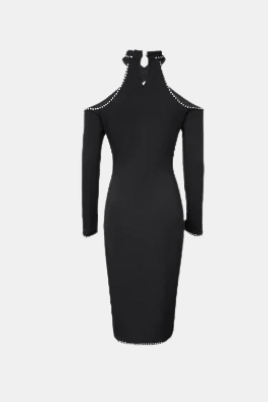 Gelsomina - Rhinestone Halter Cold Shoulder Long Sleeve Bodycon Dress