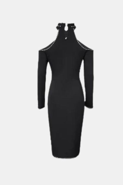 Gelsomina - Rhinestone Halter Cold Shoulder Long Sleeve Bodycon Dress