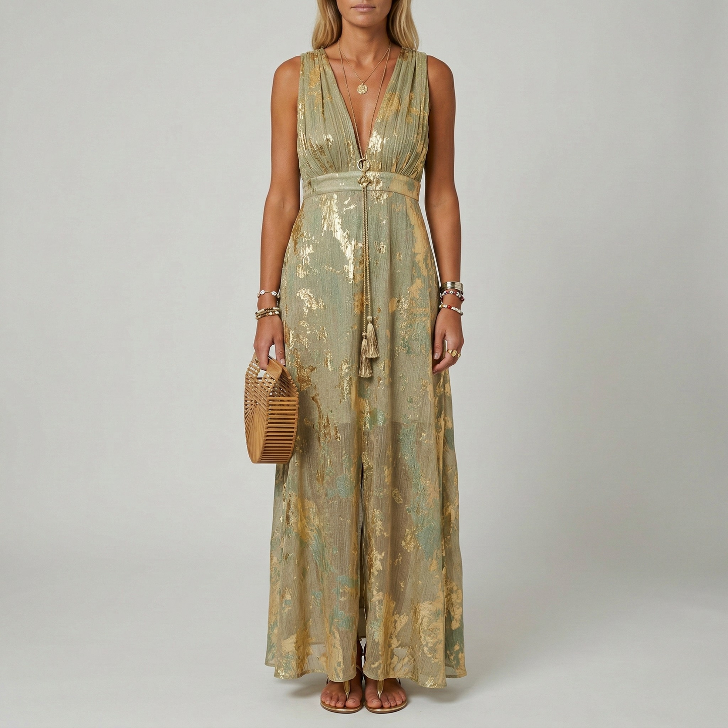 Abito Lungo Donna Scollo a V Senza Maniche Vestito Elegante da Cerimonia