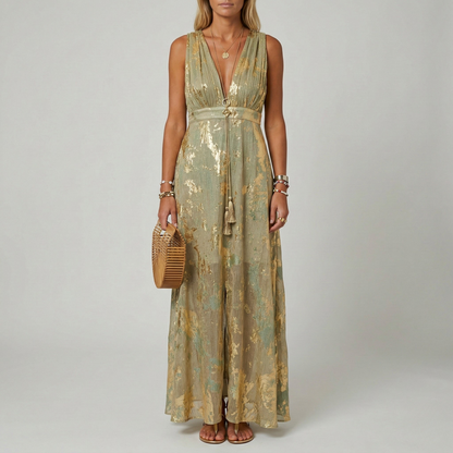 Abito Lungo Donna Scollo a V Senza Maniche Vestito Elegante da Cerimonia