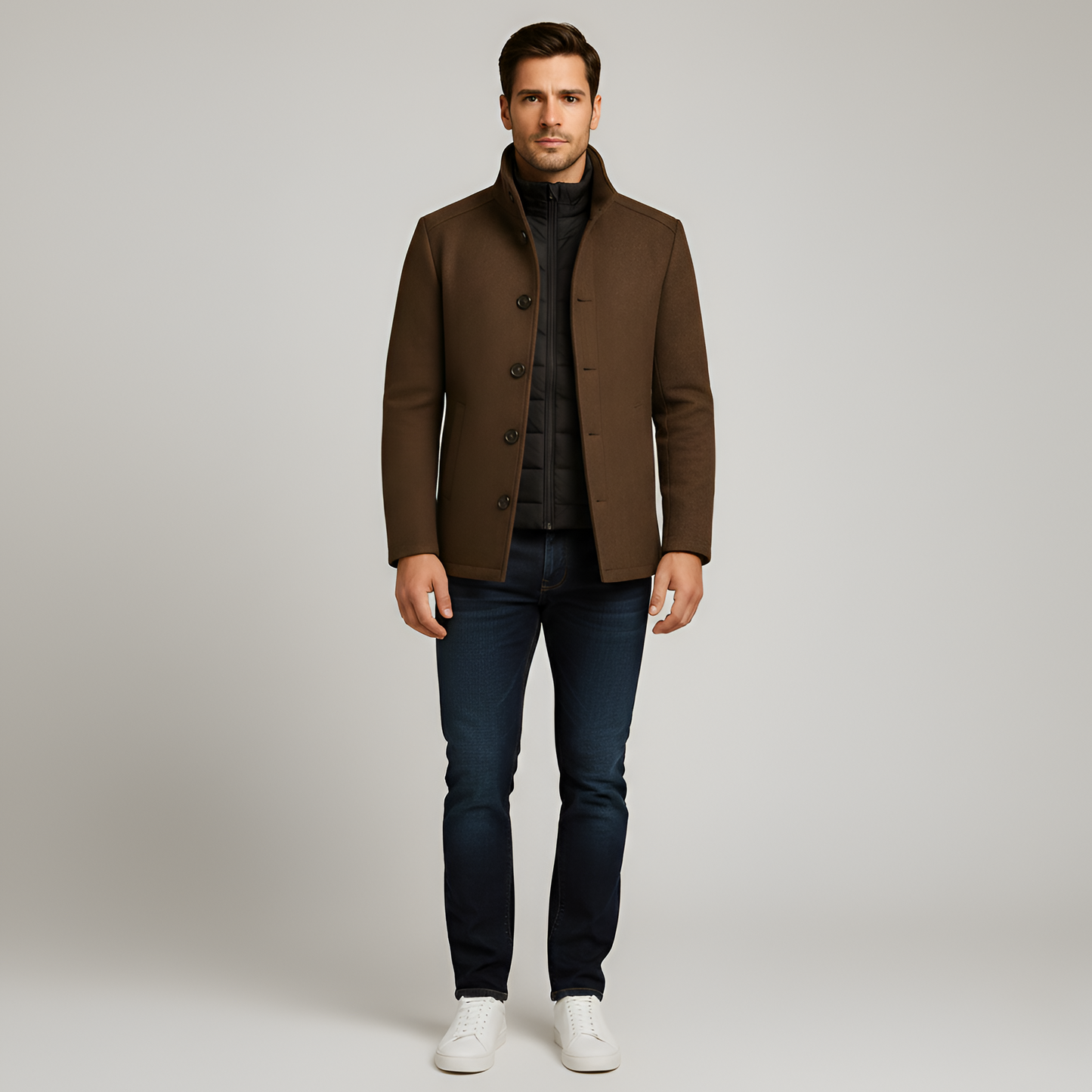 Men’s Wool Coat with Stand Collar Structured Fit Winter Outerwear