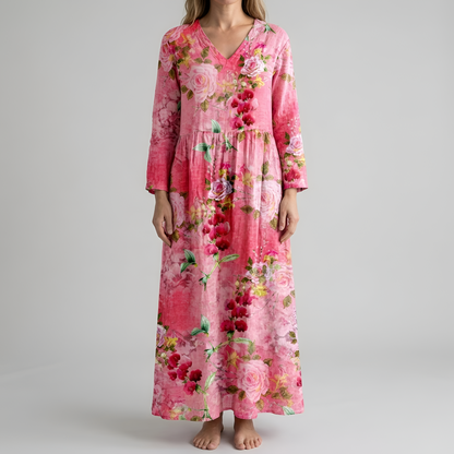 Vestito lungo donna floreale in cotone con scollo a V manica lunga stile casual boho