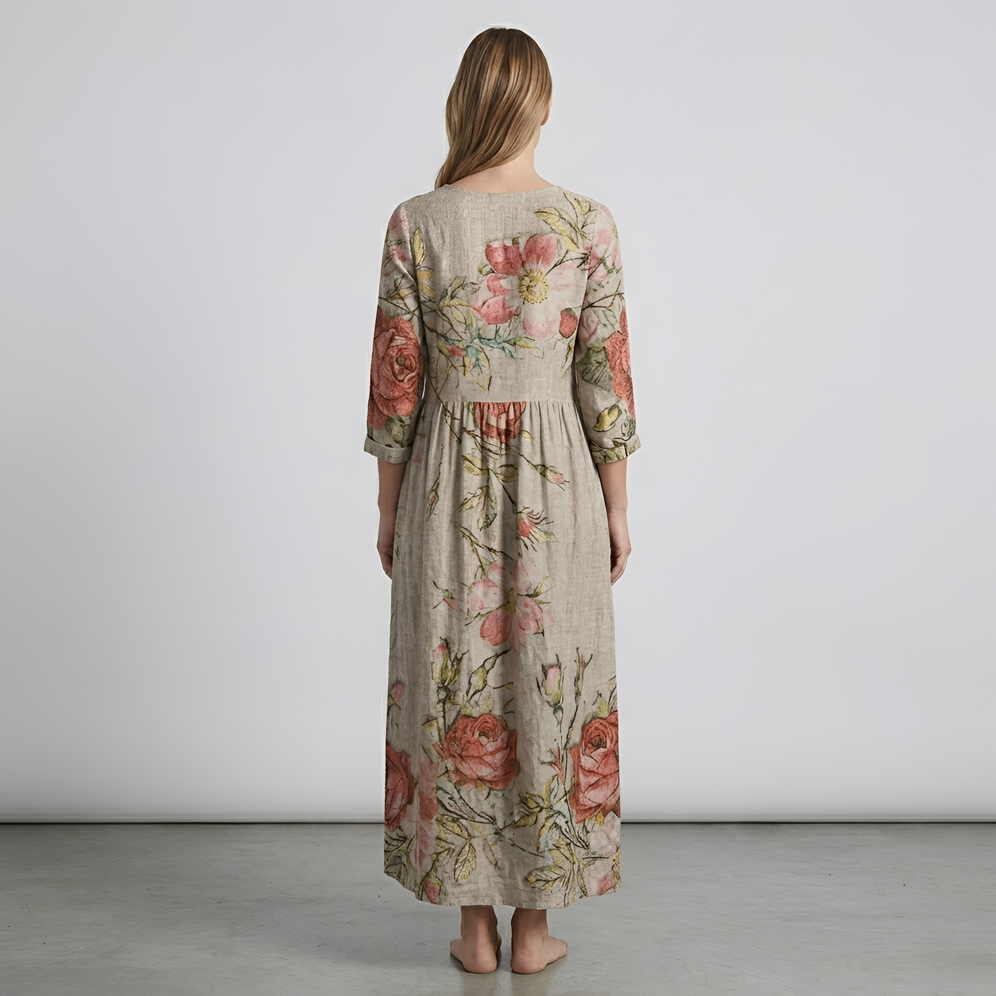 Vestito lungo donna floreale in cotone con scollo a V manica lunga stile casual boho