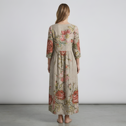 Vestito lungo donna floreale in cotone con scollo a V manica lunga stile casual boho