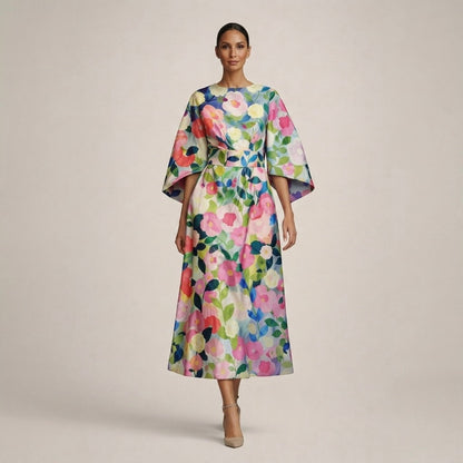Íris - Květinové Midi s Tvarovaným Pasem a Vzdušnou Elegancí