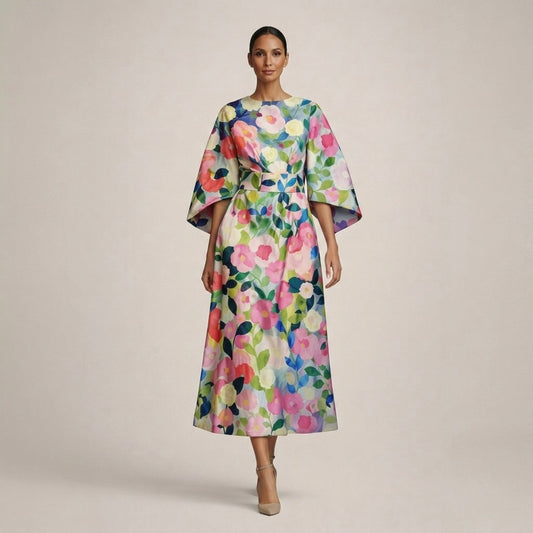 CLEMENTINE | Floral Midi with Sculpted Waist and Airy Elegance