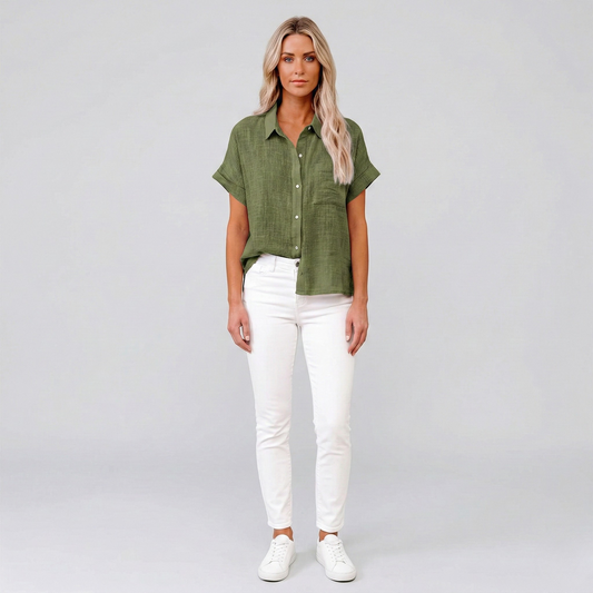 Camicia Donna Lino Manica Corta Camicetta Estiva con Bottoni