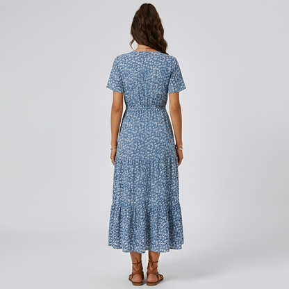 Vestito lungo donna floreale con scollo a V maniche corte e bottoni frontali